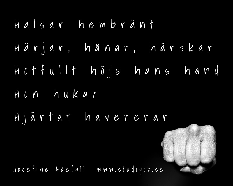 Bokstavsdikten "Hjärtat havererar"
Skriven med vit text på svart bakgrund. i högra hörnet nertill syns en bild på en knuten näve.
Halsar hembränt
Härjar, hånar, härskar
Hotfullt höjs hans hand
Hon hukar
Hjärtat havererar
Skriven av: Josefine Axefall www.studiyos.se