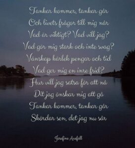 Dikten "Tankar" 
Skriven med vit text på ett fotografi av en solnedgång vid en sjö. I mitten av bilden ser man horisonten och i kanterna av horisonten ser man lite skog.

Tankar kommer, tankar går
Och livets frågor till mig når
Vad är viktigt? Vad vill jag?
Vad gör mig stark och inte svag?
Vänskap kärlek pengar och tid
Vad ger mig en inre frid?
Hur vill jag satsa för att nå
Dit jag önskar mig att gå
Tankar kommer, tankar går
Skördar sen, det jag nu sår

Skriven av: Josefine Axefall
www.studiyos.se 