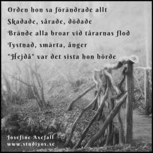 Dikten "Brända broar" skriven på en bild i gråskala föreställandes en bro längs en skogsväg. Broräcket är byggt av snirkliga grenar.
Orden hon sa förändrade allt
Skadade, sårade, dödade
Brände alla broar vid tårarnas flod
Tystnad, smärta, ånger
"Hejdå" var det sista hon hörde
Skriven av: Josefine Axefall
www.studiyos.se