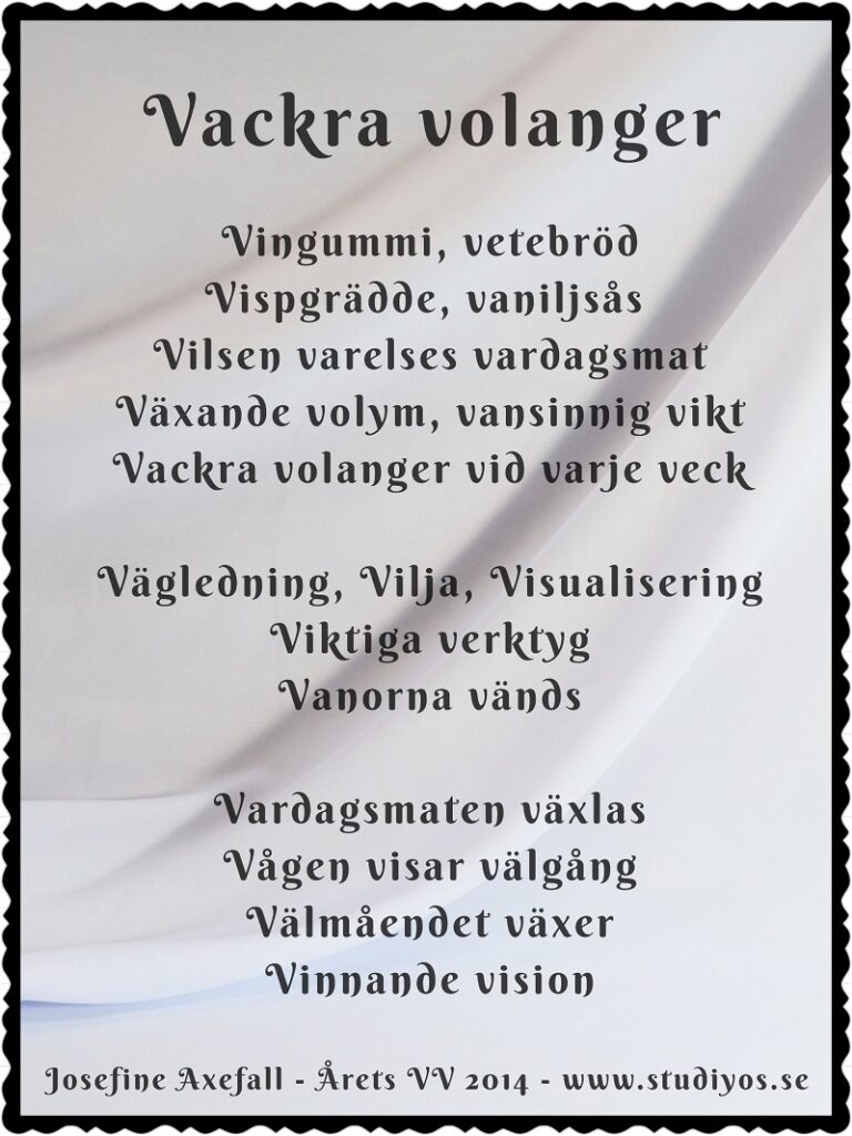 Bokstavsdikten "Vackra volanger" skriven med svart text på en grå bakgrund av volanger och med svart veckad inramning.

Vackra Volanger
Vingummi, vetebröd
Vispgrädde, vaniljsås 
Vilsen varelses vardagsmat
Växande volym, vansinnig vikt
Valkarna volanger vid varje veck 

Vägledning, Vilja, Visualisering
Viktiga verktyg
Vanorna vänds

Vardagsmaten växlas
Vågen visar välgång
Vämåendet växer
Vinnande vision 

Skriven av: Josefine Axefall
Årets Viktväktare 2014
www.studiyos.se 